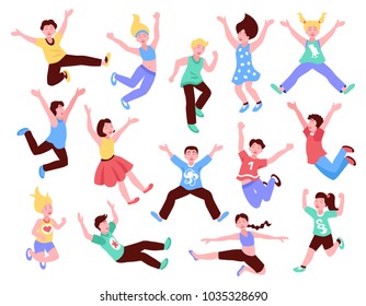 Jumping children set of flat isolated icons with human characters of teenage kids in various poses vector illustration
