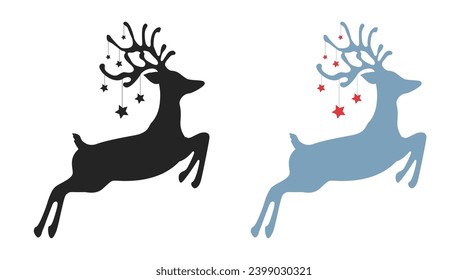 Jumping christmas deer with stars set isolated, jumping reindeer silhouette - stock vector