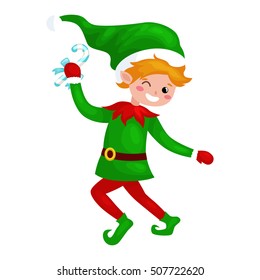 Jumping Christmas elf isolated with sweets in a green suit with, assistant of Santa Claus, boy helper holding candy happy new year vector illustration 