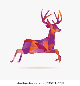 Jumping christmas low poly deer, vector illustration