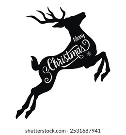 Jumping Christmas reindeer monochrome label with Santa assistant helping New Year wizard deliver gifts to children vector illustration