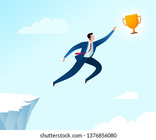 Jumping from the cliff to reach achievement trophy. Business concept illustration.