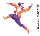 Jumping clown in purple suit celebrating isolated