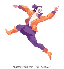 Jumping clown in purple suit celebrating isolated