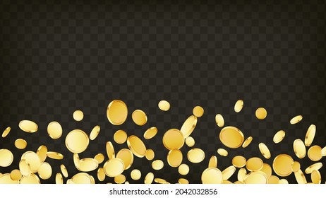 Jumping coins background. Casino jackpot or win concept. Cash fall, coins rain on transparent isolated background. Golden money falling. Vector illustration