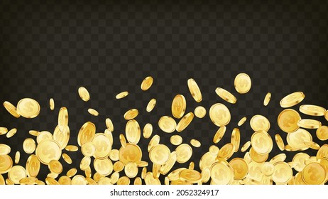 Jumping coins background. Casino jackpot or win concept. Cash fall, coins rain on transparent isolated background. Golden money falling. Vector illustration