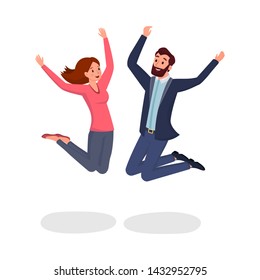 Jumping colleagues flat vector illustration. Two friends, man and woman leaping in excitement and joy cartoon characters. Cheerful youth, jump laughing with raised hands on white background