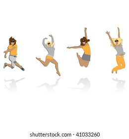 jumping colored girl silhouettes with reflection, vector illustration
