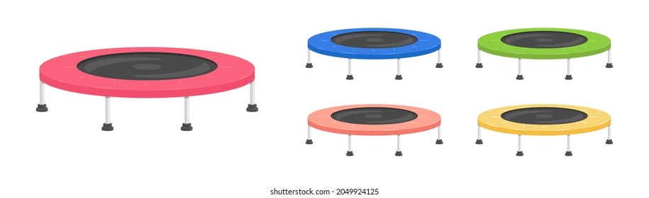 Jumping, Colorful Trampoline Vector. Trampoline, Bounce House Set For Children And Adults. Outdoor Fitness Jumping Exercises.