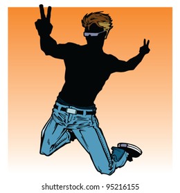 Jumping comic guy showing peace sign with his hand