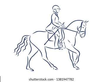 Jumping competition, horsemanship contour vector illustration