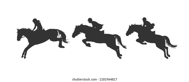 Jumping competition. Silhouette image of jumping horse with rider. Logo design