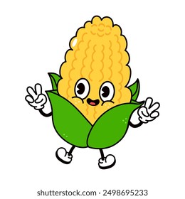 Jumping Corn character character. Vector hand drawn traditional cartoon vintage, retro, kawaii character illustration icon. Isolated white background. Corn character concept