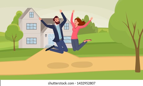 Jumping couple flat vector illustration. Man and woman cartoon characters having fun, celebrating moving into new home. Satisfied wife and husband jumping near house, real estate