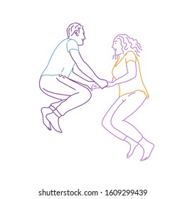 Jumping couple. Man and woman. Colour line drawing vector illustration.