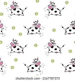Jumping glückliche Kuh, Vektormuster, nahtloser Hintergrund. Weidenfliegendes Kalb, Illustration für Kindergewebe, digitales Papier. Landwirtschaftliches Leben, handgezeichnet Hintergrund 