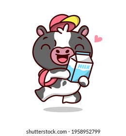 A JUMPING CUTE LITTLE COW LOOKING SO HAPPY WITH HIS MILK CARTOON MASCOT.