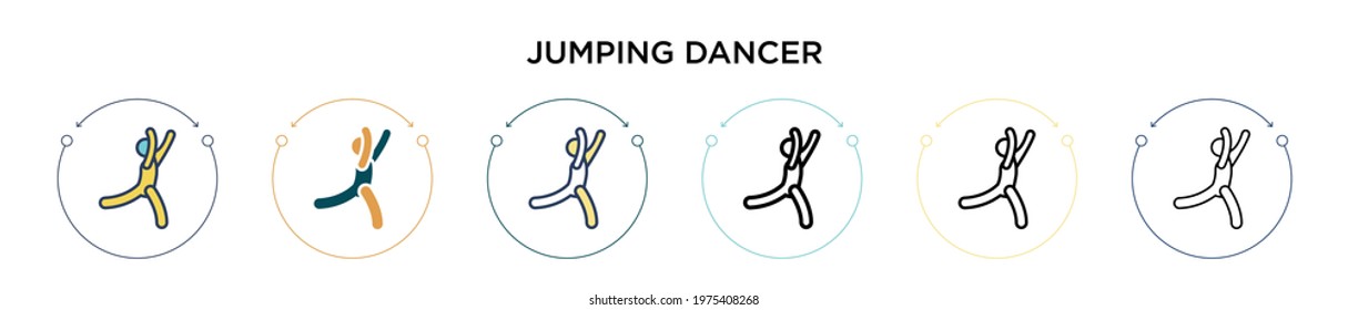 Jumping dancer icon in filled, thin line, outline and stroke style. Vector illustration of two colored and black jumping dancer vector icons designs can be used for mobile, ui, web