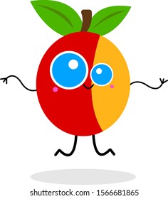jumping and dancing apple with a sweet smile and blue eyes cartoon character on a white background fruit and activity concept