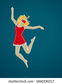 Jumping dancing blonde girl in medical face mask, small red dress on blue background, Vector continuous one line drawing, Hand drawn illustration abstract contemporary art, Christmas pandemic people