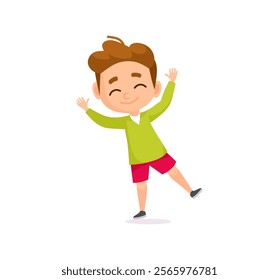 Jumping and dancing cheerful cartoon boy raises his arms with a happy expression. Cute kid character isolated on white background for children's content, animations, education. Vector illustration