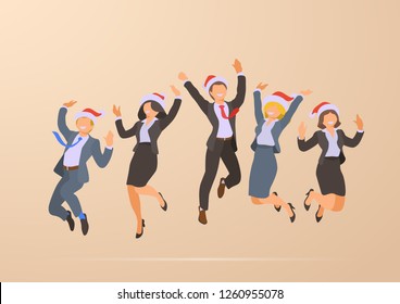 Jumping Dancing Happy Business Office People Christmas Corporate Party Holidays flat vector illustration.