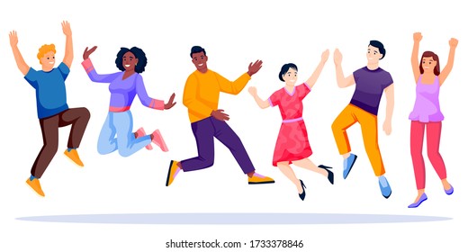 Jumping and dancing multiethnic happy people team. Asian, african, caucasian young carefree men and women, isolated on white background. Vector flat cartoon teenager characters illustration