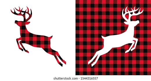 
Jumping Deer buffalo plaid  set. Vector illustration woodland  animal . Lumberjack  clipart.