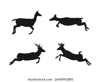 Jumping Deer silhouette set. Animal silhouette.  Deer silhouette vector. Jumping deer silhouette on a black background, vector art illustration.