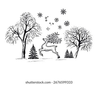Jumping deer in the winter snowy forest, vector Christmas sketch of the holiday scene.