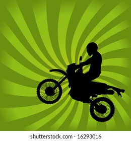 Jumping Dirt Bike Silhouette on a Green Swirl Background