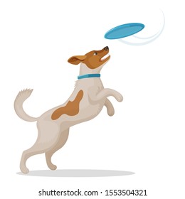 Jumping dog is catching a blue disc svg