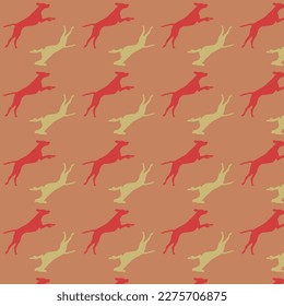 Jumping dog vector repeating seamless simple pattern with dog silhouette on a square background. pink and yellow color theme