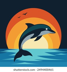 Jumping dolphin art sunset vector t-shirt design