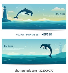  Jumping dolphin, blue sea background with waves and lighthouse. Vector banners