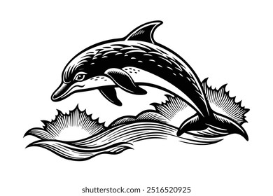 A jumping dolphin design vector silhouette illustration over ocean, on a white background