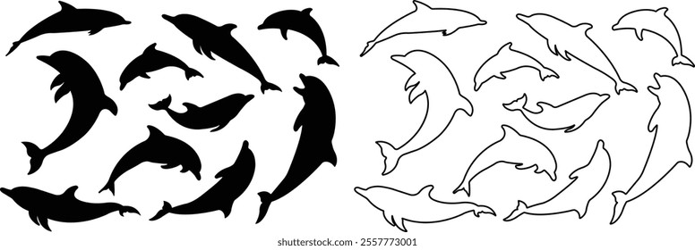 Jumping dolphin fish icon in flat, line set. vector for apps or website dolphin leaps over the water art sketch style marine mammal Bottlenose dolphin isolated on transparent background