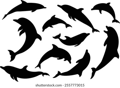 Jumping dolphin fish icon in flat set. vector for apps or website dolphin leaps over the water art sketch style marine mammal Bottlenose dolphin isolated on transparent background