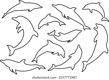 Jumping dolphin fish icon in line set. vector for apps or website dolphin leaps over the water art sketch style marine mammal Bottlenose dolphin isolated on transparent background