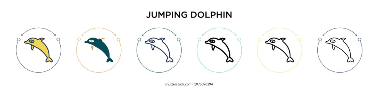 Jumping dolphin icon in filled, thin line, outline and stroke style. Vector illustration of two colored and black jumping dolphin vector icons designs can be used for mobile, ui, web