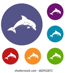 Jumping dolphin icons set in flat circle red, blue and green color for web