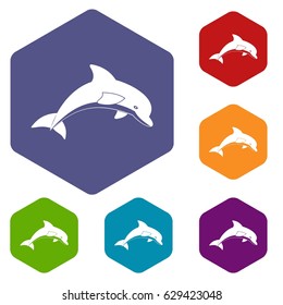 Jumping dolphin icons set hexagon isolated vector illustration