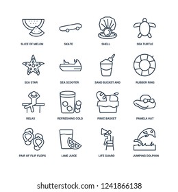 Jumping Dolphin, Life guard, Lime juice, Pair of flip flops, Pamela hat, Slice melon, Sea star, Relax, Sand bucket and shovel outline vector icons from 16 set