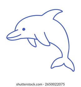 Jumping dolphin in marine blue line art style. Hand drawn marine icon. Outline vector isolated illustration. 
