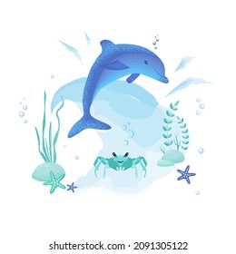 Saltando delfín sobre el fondo de una ola marina. Ilustración vectorial para temas relacionados con el agua y el mar.
