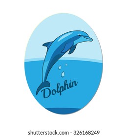 Jumping dolphin on marine background for round badge
