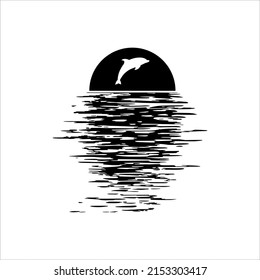 Jumping Dolphin on the Sunset or Sunrise View Silhouette for Logo or Graphic Design Elements. Vector Illustration 