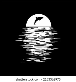 Jumping Dolphin on the Sunset or Sunrise View Silhouette. Vector Illustration