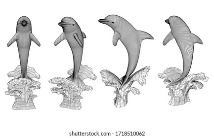 Jumping dolphin polygonal lines illustration. Abstract vector dolphin on the white background