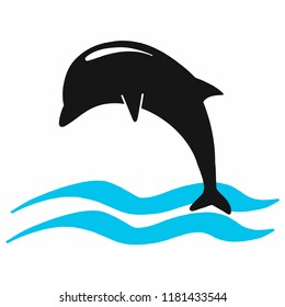 jumping dolphin in the sea. Vector graphic in black white and blue